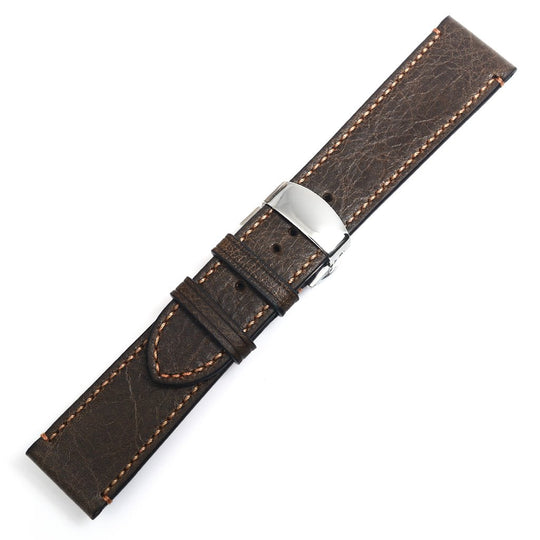 Antique Brown Leather Watch Strap with Deployment Buckle, Medium Length