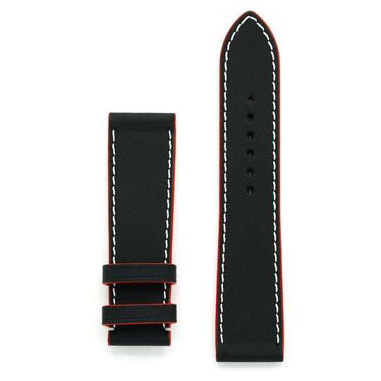 Watch Strap, LeMans Collection, Black Leather, Red Contrast, Medium Length