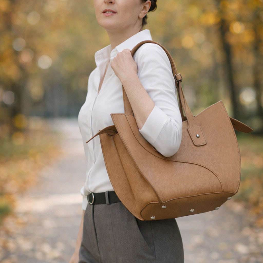 Ether Midi Bag, Textured Leather, Cappuccino