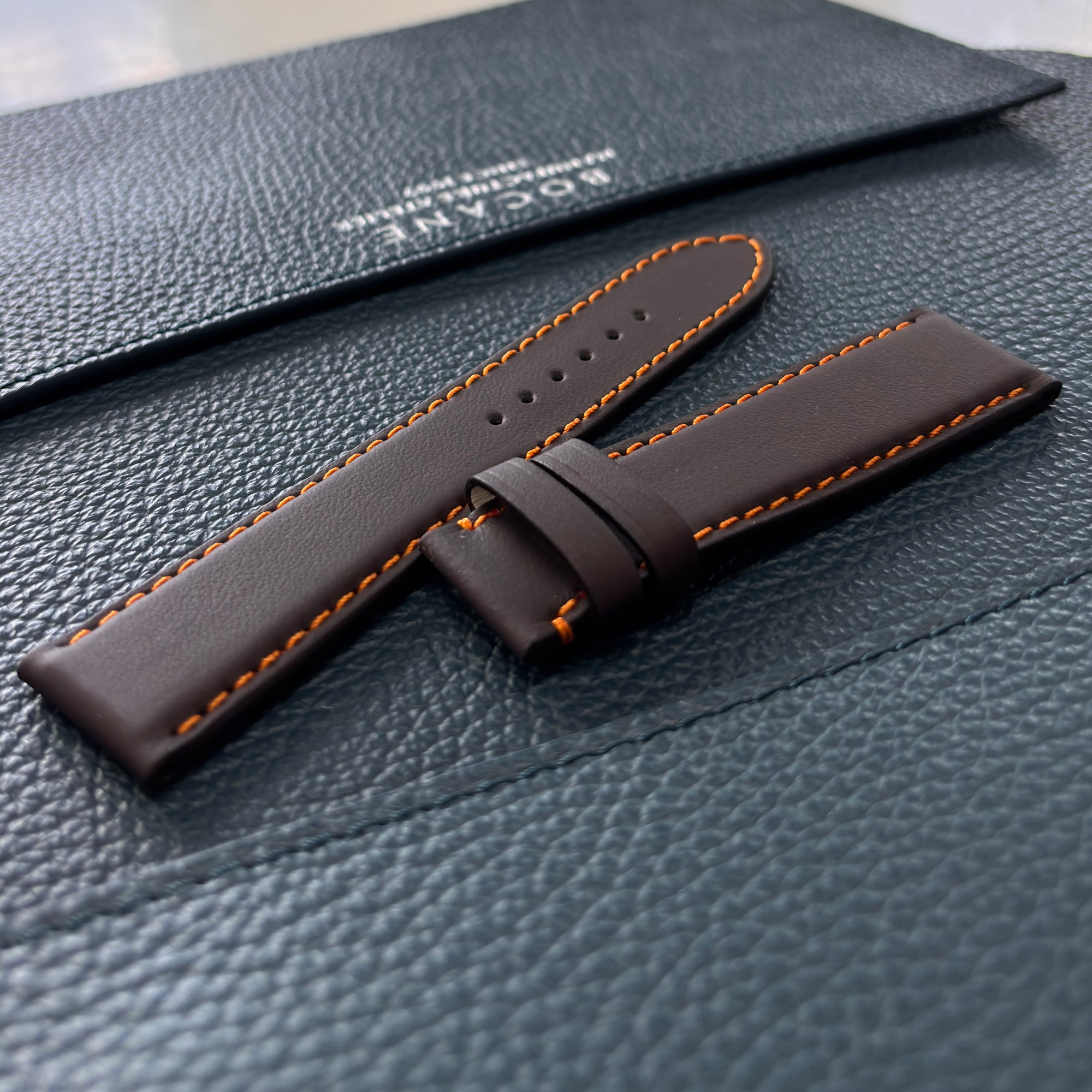 Padded Watch Strap, LeMans Collection, Dark Brown Leather, Orange Contrast