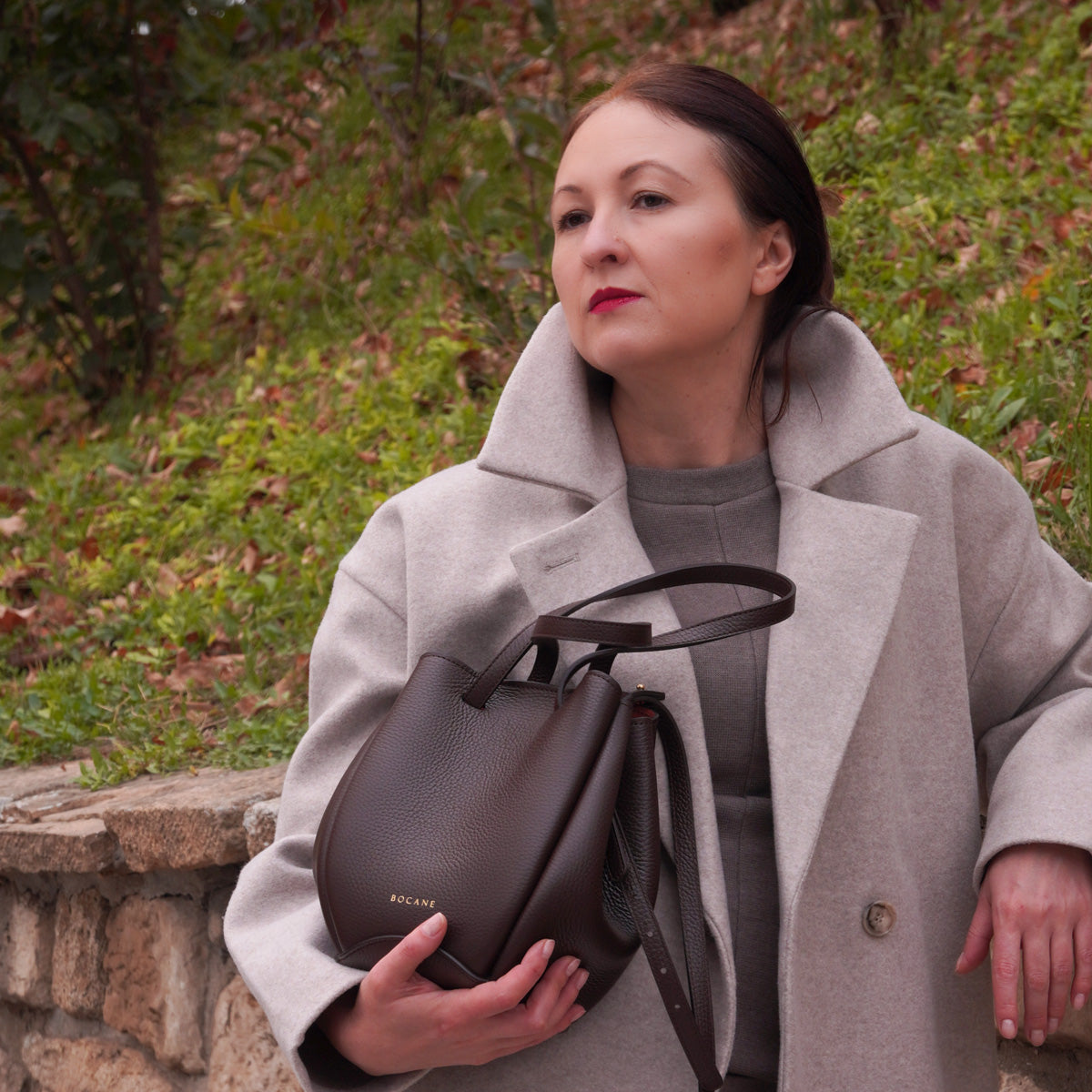 Mini Pétale Bag, Textured Leather, Chocolate Color, with Accessories