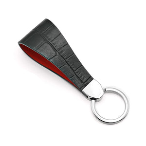 Black Leather Keychain with Crocodile Print, Red Contrast