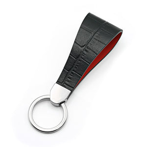 Black Leather Keychain with Crocodile Print, Red Contrast