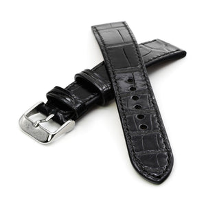 Black Alligator Leather Watch Strap with Rectangular Scales, Hand Stitched