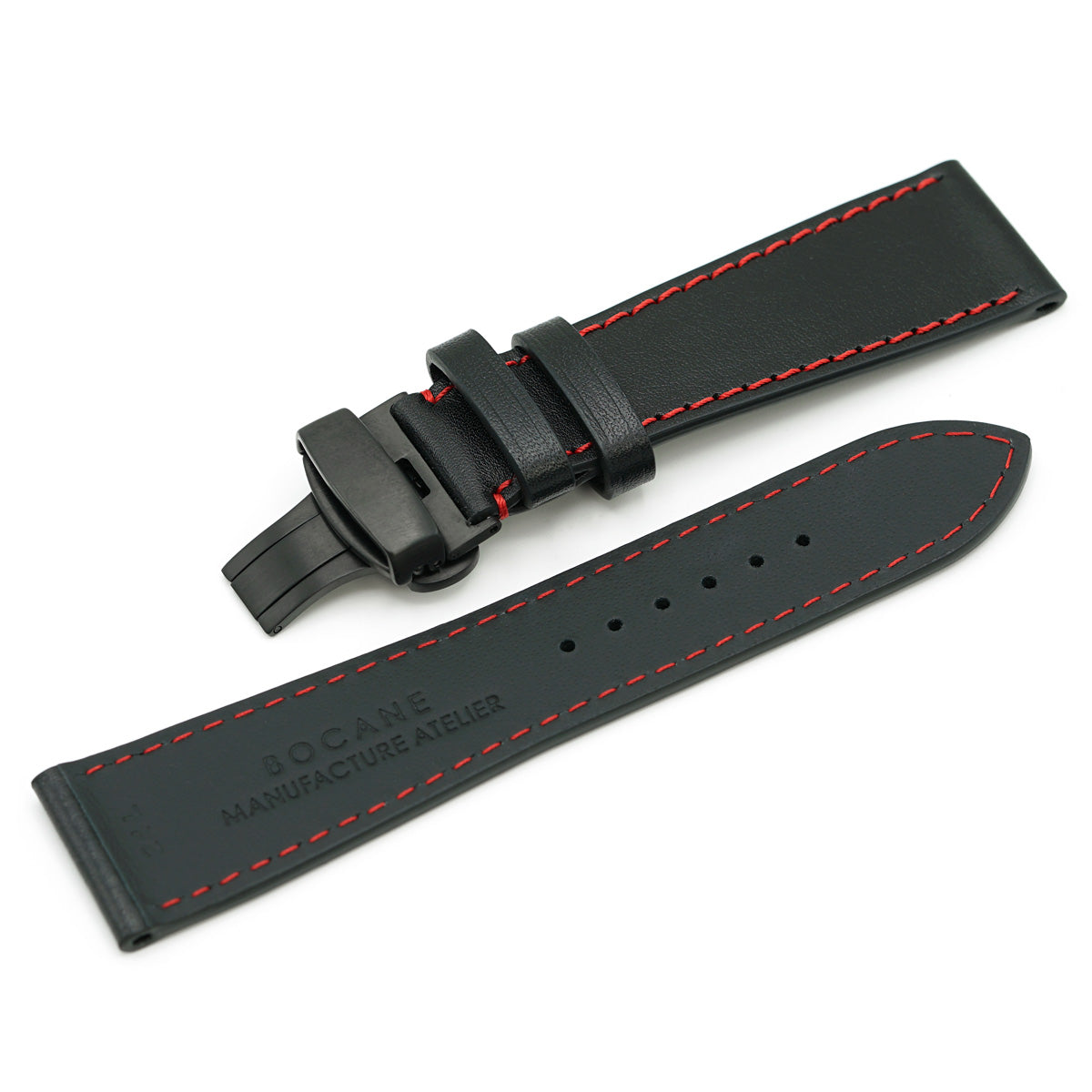 Handmade Watch Strap, Black Leather &amp; Red Sewing, Medium Length