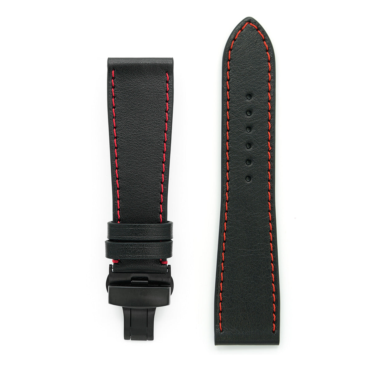 Handmade Watch Strap, Black Leather &amp; Red Sewing, Medium Length
