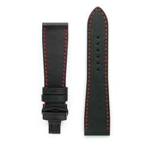 Handmade Watch Strap, Black Leather & Red Sewing, Medium Length