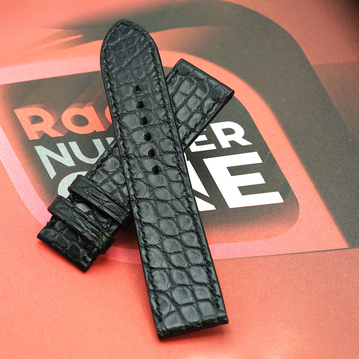 Alligator Leather Watch Strap, Round Scales, Semi-Matte Black, Hand Stitched