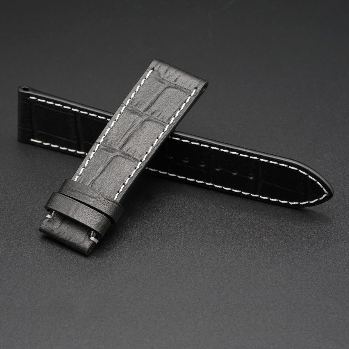 Leather Watch Strap, Matte Black, Crocodile Print, White Stitch