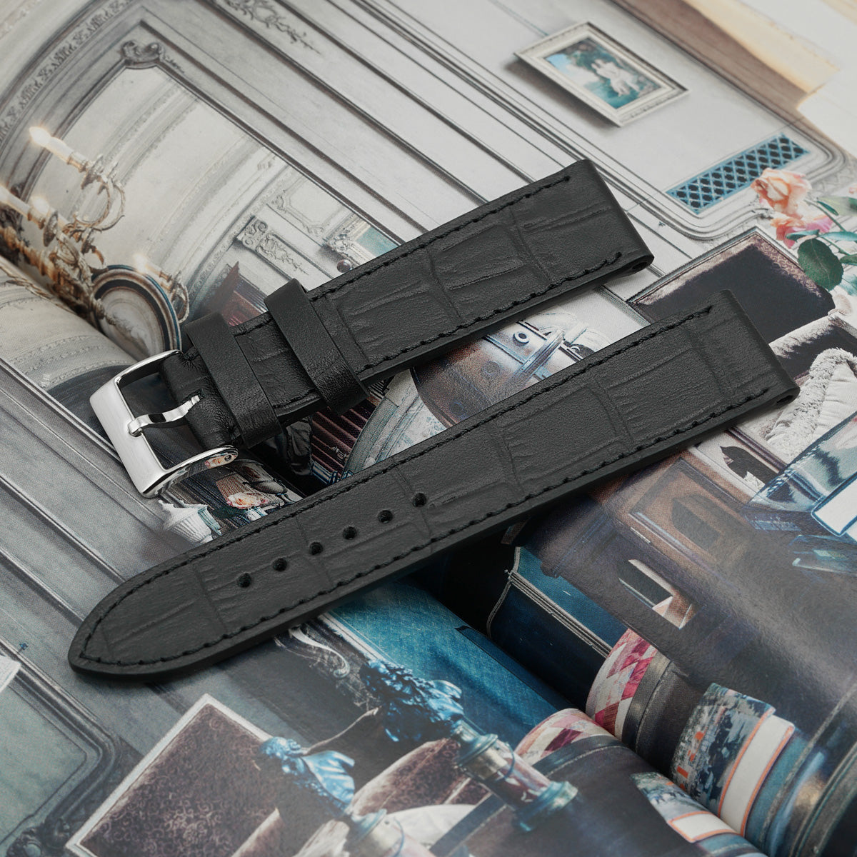 Leather Watch Strap, Matte Black, Crocodile Print, White Stitch