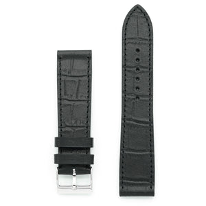 Leather Watch Strap, Matte Black, Crocodile Print, White Stitch