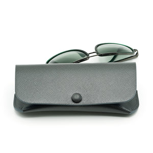 Saffiano Leather Glasses Case, Gray with Blue Accents