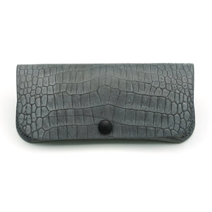 Nubuck Leather Spectacle Case with Exotic Print, Gray with Blue Accents