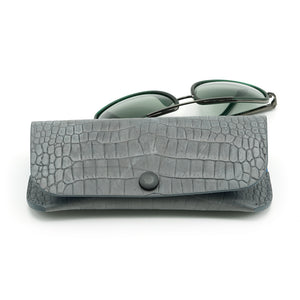 Nubuck Leather Spectacle Case with Exotic Print, Gray with Blue Accents