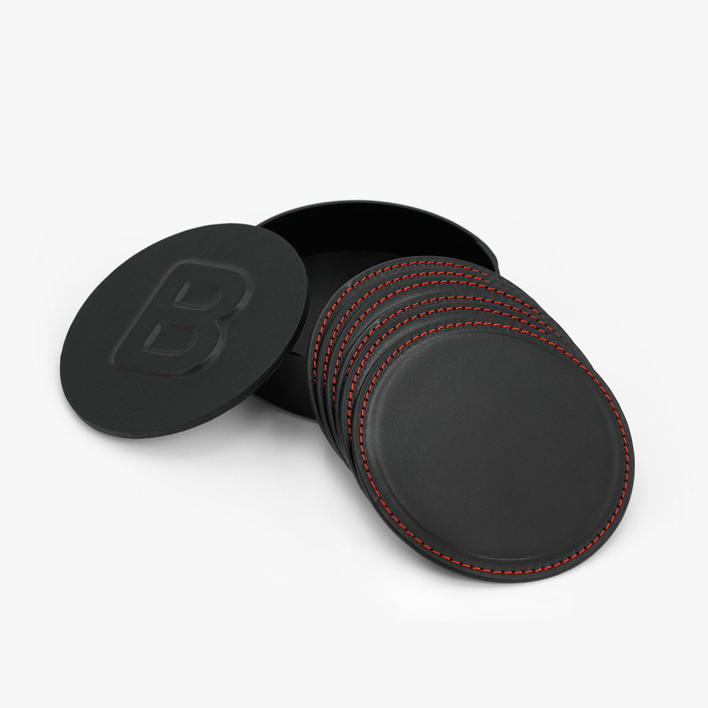 Set of 6 Cup Holders in a Box, made of Black Full-Grain Leather, Red Stitching