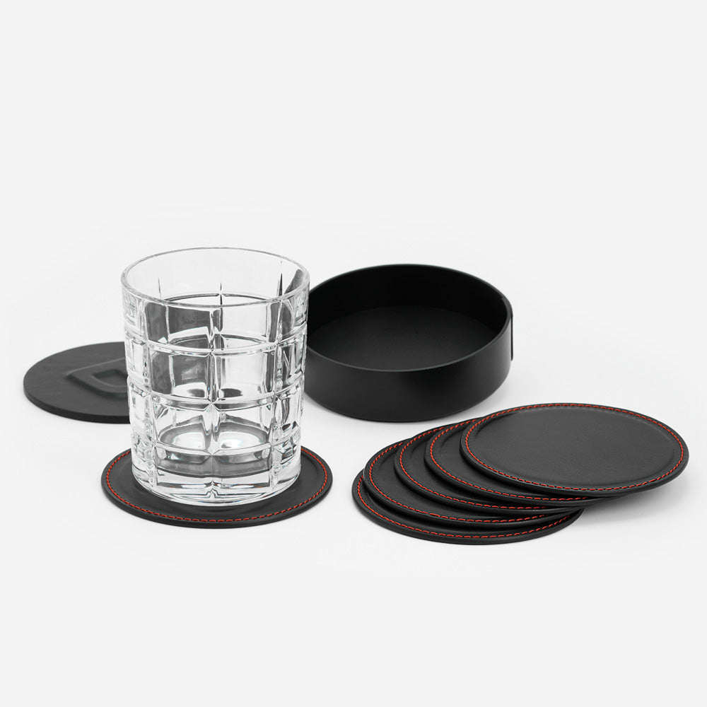 Set of 6 Cup Holders in a Box, made of Black Full-Grain Leather, Red Stitching