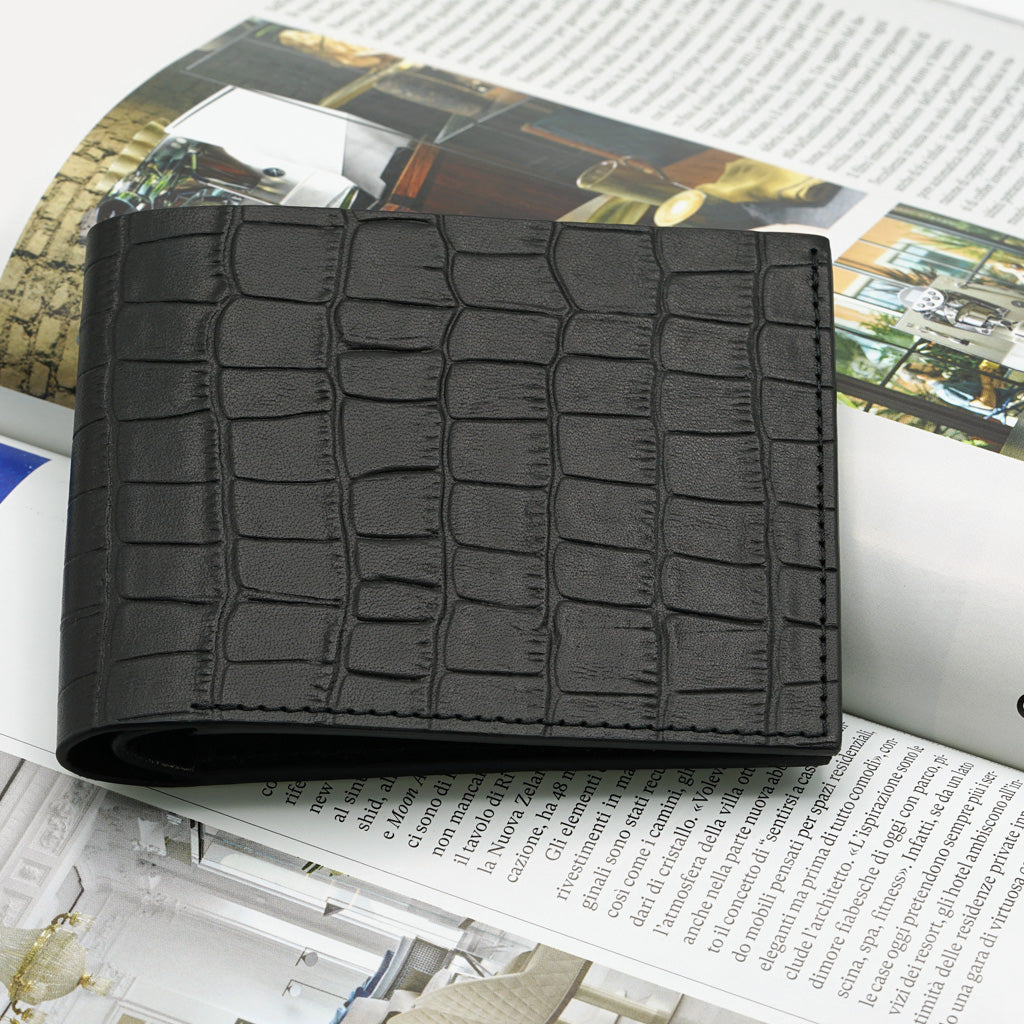 Slim Crocodile Print Leather Wallet, Matte Black