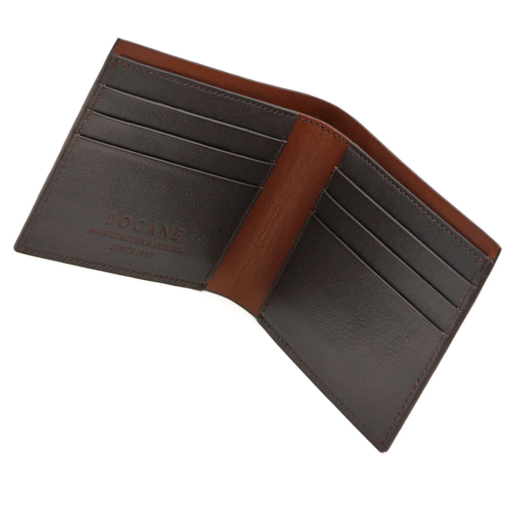 Slim Leather Wallet, Saffiano, Dark Brown, Cognac Contrast