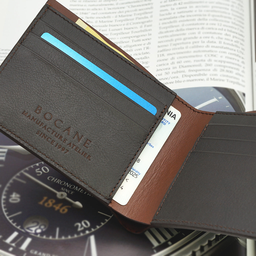 Slim Leather Wallet, Saffiano, Dark Brown, Cognac Contrast