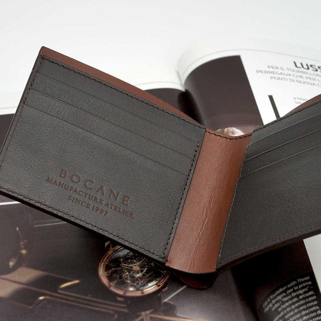 Slim Leather Wallet, Saffiano, Dark Brown, Cognac Contrast