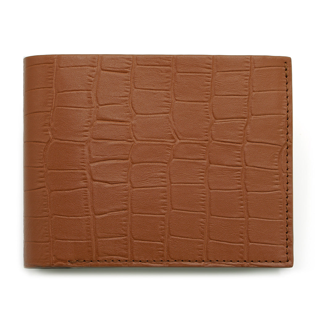 Slim Crocodile Print Leather Wallet in Cognac Brown