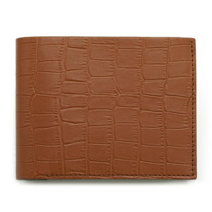 Slim Crocodile Print Leather Wallet in Cognac Brown