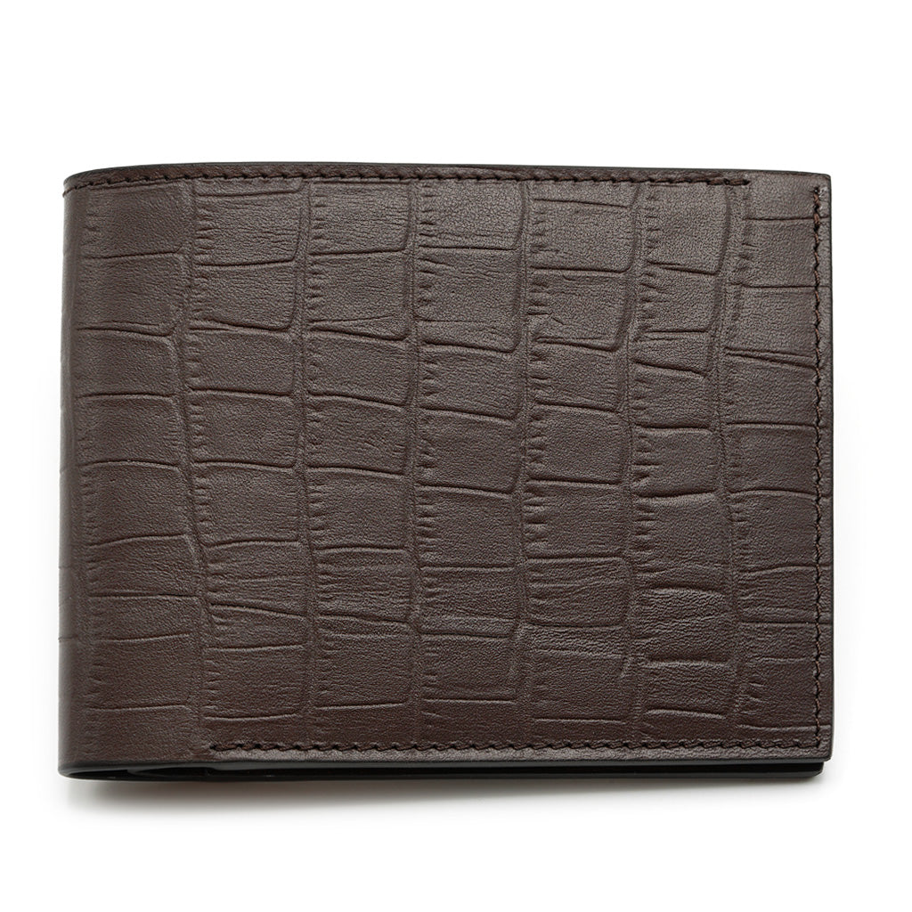 Slim Crocodile Print Leather Wallet in Cognac Brown