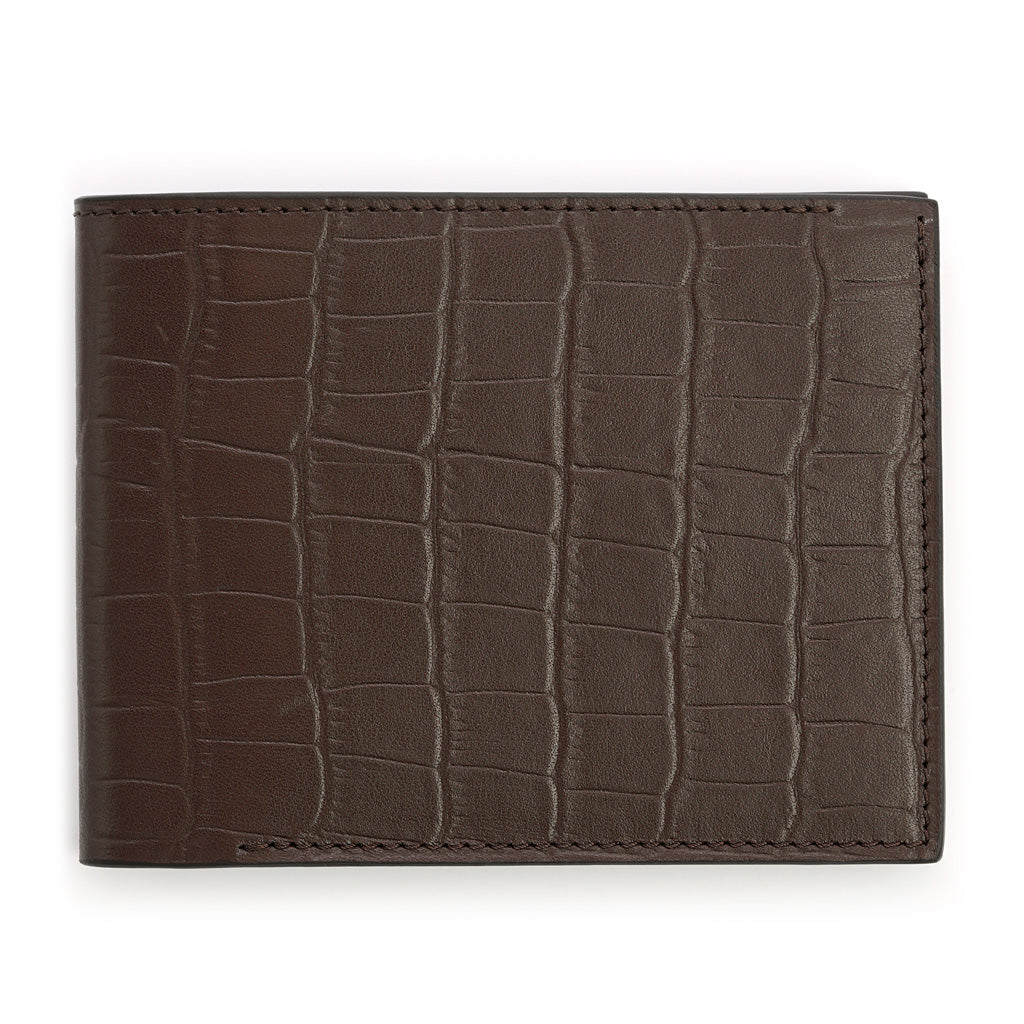 Slim Crocodile Print Leather Wallet in Cognac Brown