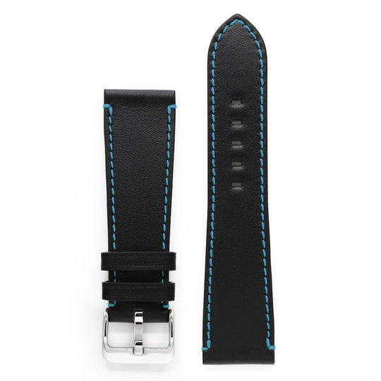 Black Leather Watch Strap & Blue Sewing, Medium Length