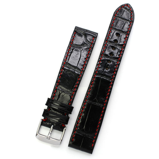 Alligator Strap, Black Square Scales, Round Holes, Red Hand Stitch, MADE-TO-ORDER