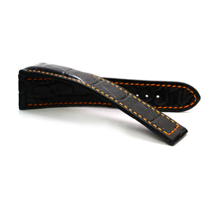 Curea pentru Omega din Piele de Aligator Neagra, Captusita cu Piele de Aligator, Contrast Oranj, pentru Deployant