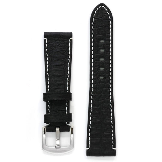 Leather Watch Strap, Black, Reptile Print, Off-white Stitch, Medium Length