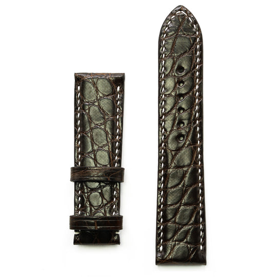 Alligator Round Scales Watch Band, Dark Brown,White Saddle Stitch